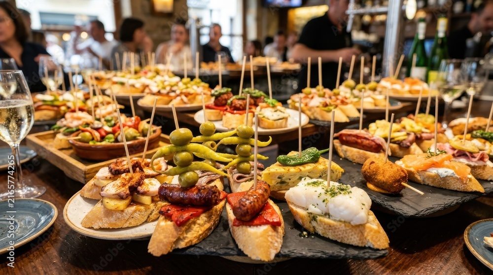 Obraz premium Selection of traditional Basque pintxos and tapas on bar counter