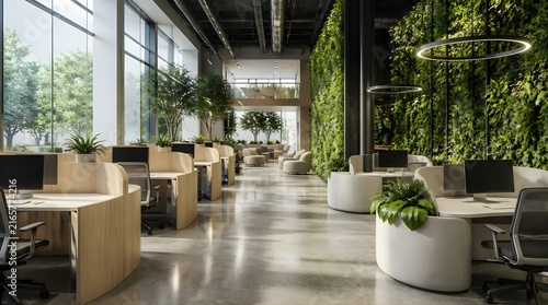 Modern Biophilic Office Interior with Living Green Wall