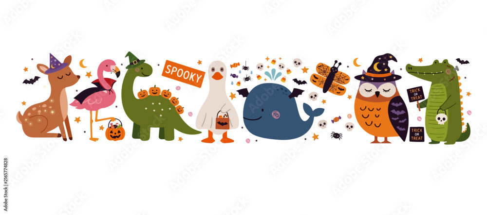 Fototapeta premium Cute animals in Halloween costumes vector banner featuring a flamingo, dinosaur, and owl isolated on a white background.