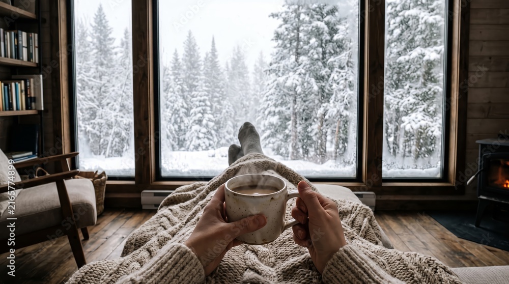Fototapeta premium Hands hold a steaming mug under a knitted blanket in a cozy cabin overlooking a snowy forest. Concept winter comfort, hygge, travel and lifestyle advertising. Generative AI.