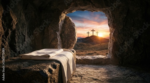 Empty tomb with burial shroud and three crosses at sunrise