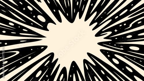 Cream and Black Organic Radial Burst Abstract Pattern with Bold Irregular Sun Shape, High Contrast Decorative Background, Psychedelic Vintage Graphic Design, Retro 60s 70s