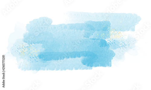Pastel sky blue, green or navy watercolor brush stroke splash with luxury golden frame and glitter gold lines round contour frame for banner or logo wedding elements