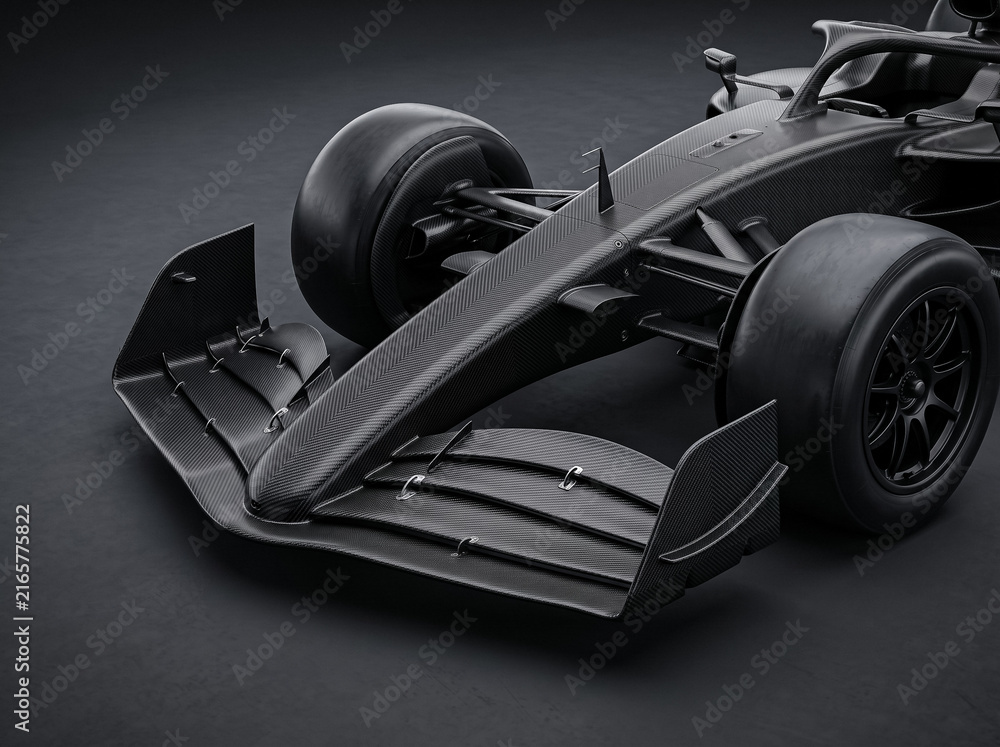 Fototapeta premium close up of front wing and wheel of black carbon fiber formula racing car showing intricate aerodynamic detail