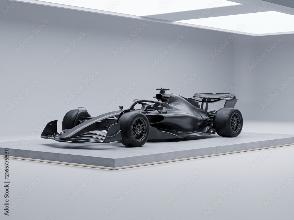 Obraz premium black formula racing car standing in bright minimalistic studio background three quarter side view matte finish