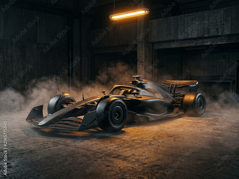 Obraz premium black formula racing car in dark moody garage with smoke atmospheric lighting and warm overhead lamps