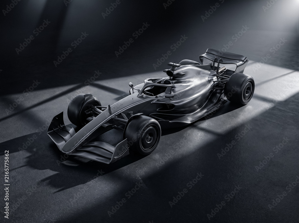 Fototapeta premium matte black formula racing car parked in studio setting with dramatic overhead spotlight illumination