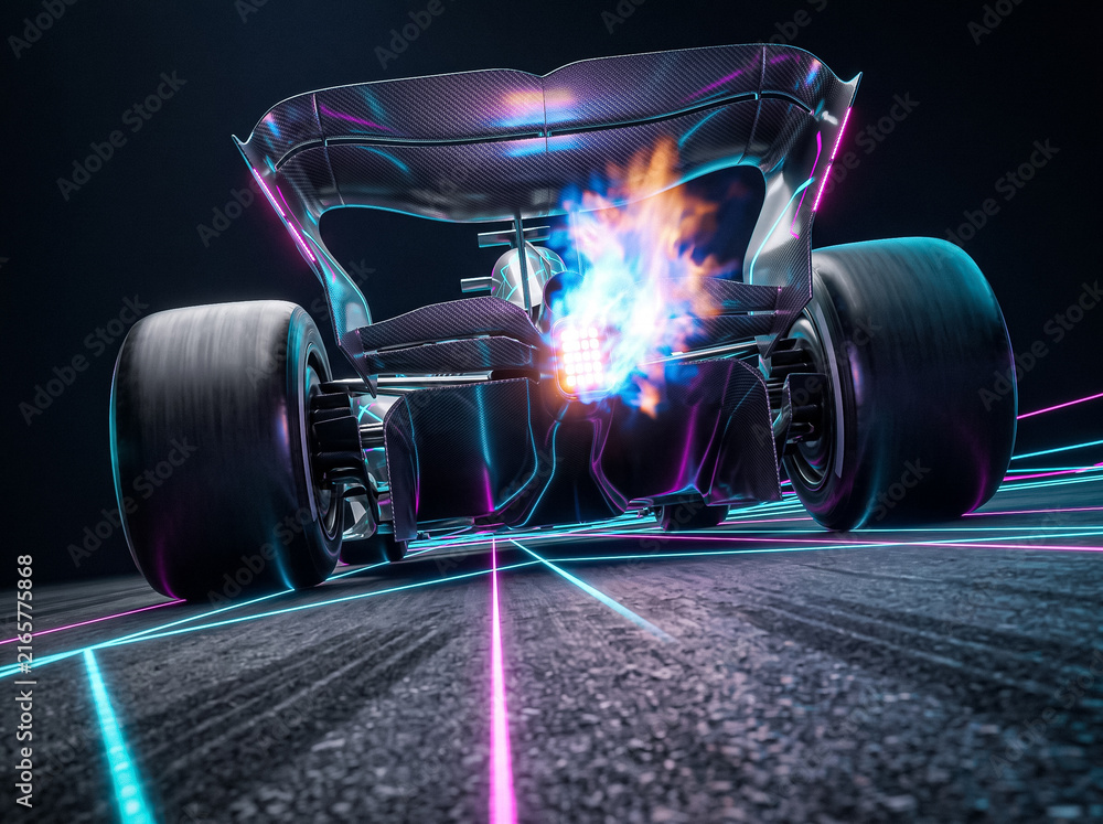 Naklejka premium retro futuristic style formula racing car with fire exhaust flame on glowing neon synthwave grid background