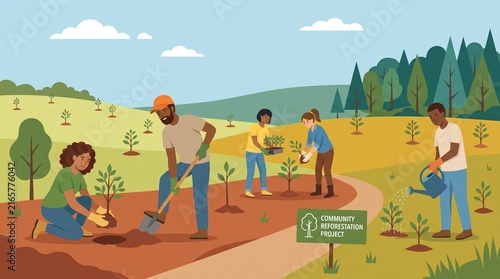 Community Reforestation Project Volunteers Planting Trees Vector Illustration