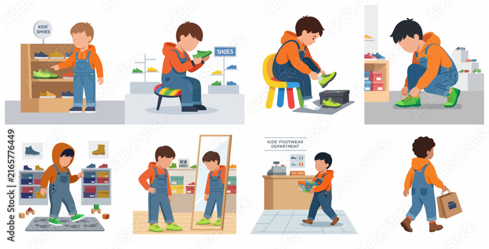 Fototapeta premium Little boy shopping for shoes in a store, trying on new sneakers, tying laces and buying footwear illustration set.
