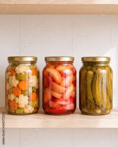 Three glass jars filled with colorful pickled vegetables including cauliflower, carrots, and cucumbers displayed on a wooden shelf against a white tiled background