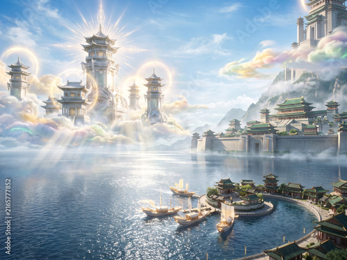 A magnificent ancient Chinese celestial city floats atop thick fluffy clouds above a shimmering blue ocean, layered pagodas and grand palace gates bathed in radiant divine sunlight 