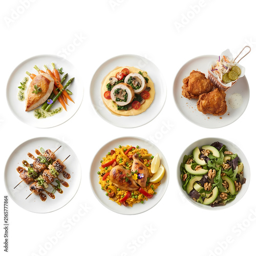 Gourmet chicken dishes platter with fresh vegetables and herbs for restaurant menu presentation