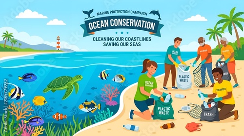 Ocean Conservation and Beach Cleanup Volunteers Vector Illustration