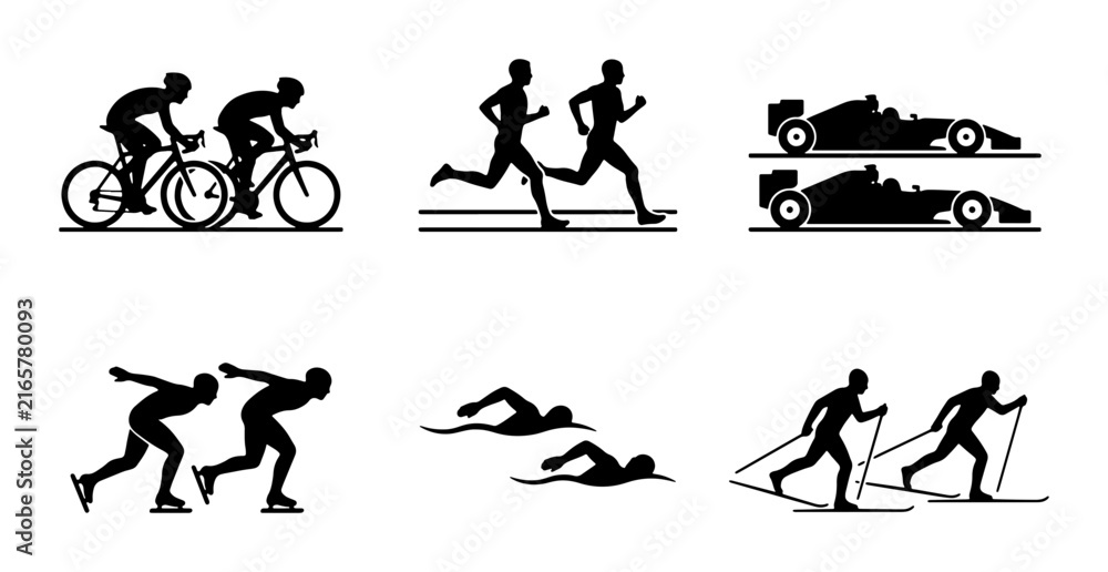 Fototapeta premium Diverse Sports Icons: Cycling, Running, Racing Cars, Skating, Swimming, Skiing Vector Set