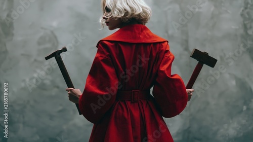 Figure Holding Hammers Against Gray Background