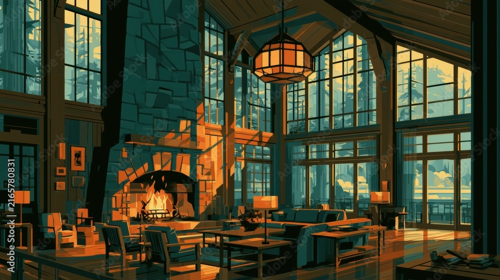 Fototapeta premium This scene features a welcoming lodge interior with a fireplace, wooden beams, and large windows. The atmosphere feels warm and inviting.