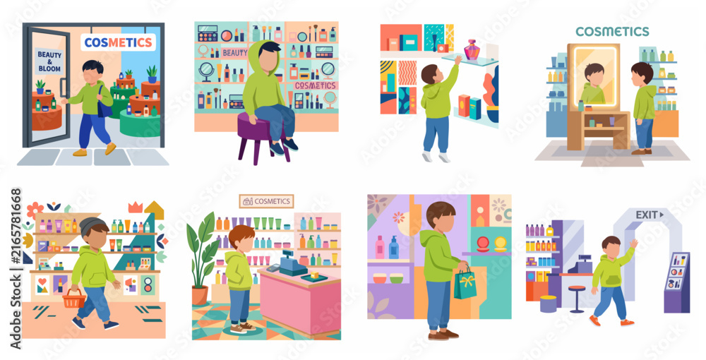 Fototapeta premium Set of flat vector illustrations depicting a young boy's shopping journey in a cosmetics and beauty shop, from entering to buying products