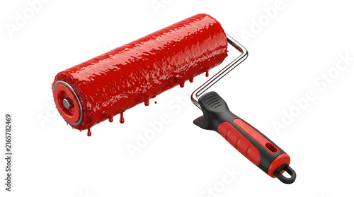 3D Red Paint Roller Covered with Bright Paint Isolated on White