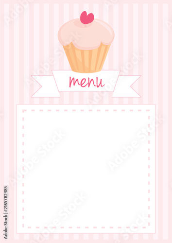 Cute Pastel Pink Cupcake vector Menu Template with Heart Topper and Striped Background - Ideal for Bakery, Cafe, or Party Invitations
