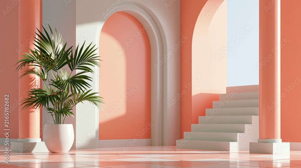 Fototapeta premium Minimalist 3D render of a peach colored arch hallway with stairs