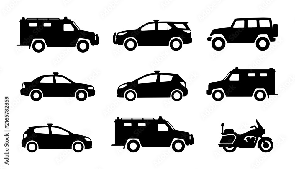 Naklejka premium Security Vehicle Icons: Armored Cars, Police SUVs, Motorcycles, Black Silhouettes