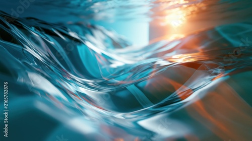 Underwater view of blue water waves with orange sunlight reflections