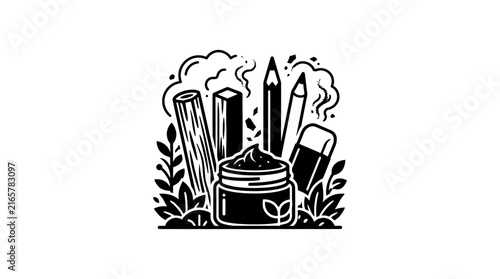 Jar of charcoal sticks and pencils icon.