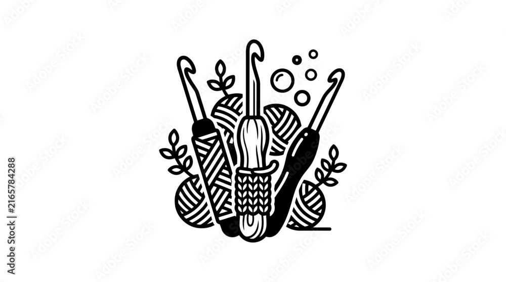 Fototapeta premium Crochet hooks and yarn balls handmade craft illustration.