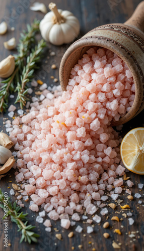 Pink salt spills from decorative bowl, surrounded by garlic cloves, fresh herbs, and lemon slices. vibrant colors and textures create visually appealing culinary scene, evoking sense of freshness
