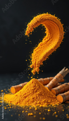 Vibrant swirl of yellow turmeric powder forms question mark shape, creating striking visual against dark background. scene is complemented by wooden sticks, enhancing natural theme