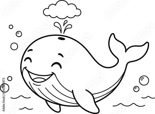 Фотография Cute cartoon whale spouting water with clouds and bubbles isolated on transparen