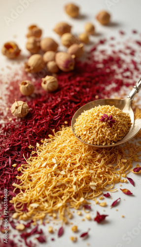 Golden strands of saffron, vibrant red and yellow spices, and delicate floral accents create rich tapestry of color and texture. This captures essence of culinary artistry and tradition