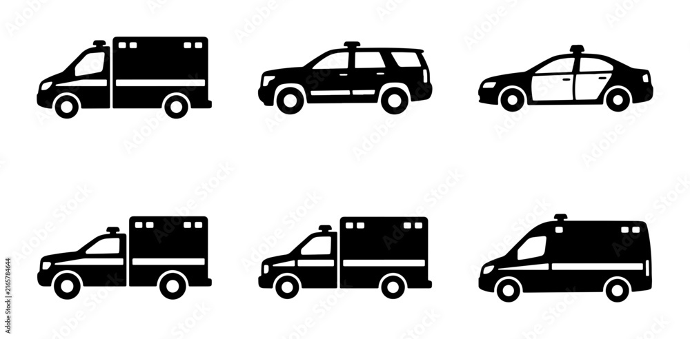 Fototapeta premium Emergency Vehicle Icons Set: Ambulance, Police Car, SUV, Medical Transport Vector Graphics