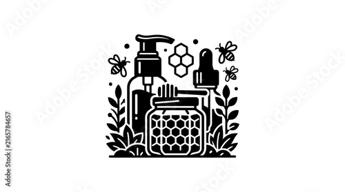Skincare and honey products botanical illustration.