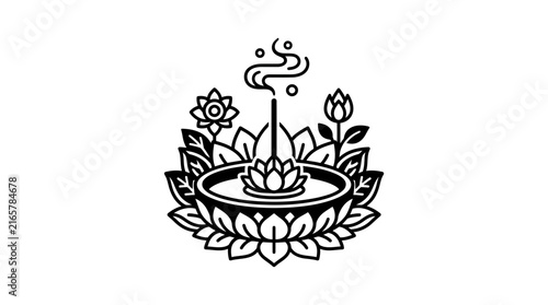 Stylized lotus flower with rising incense smoke graphic.