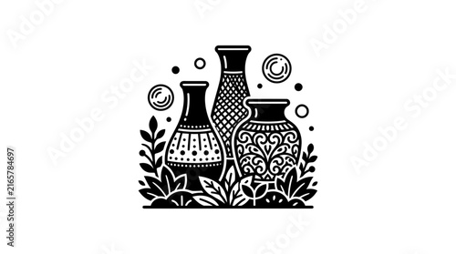 Three patterned pottery vases with floral background.