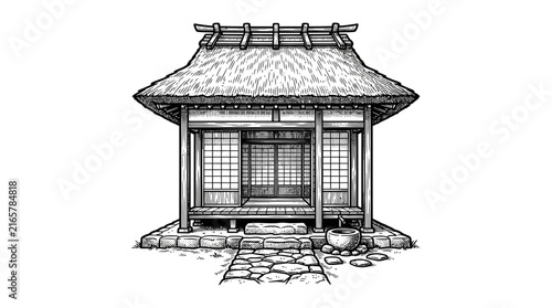 Traditional thatched roof Japanese hut illustration.