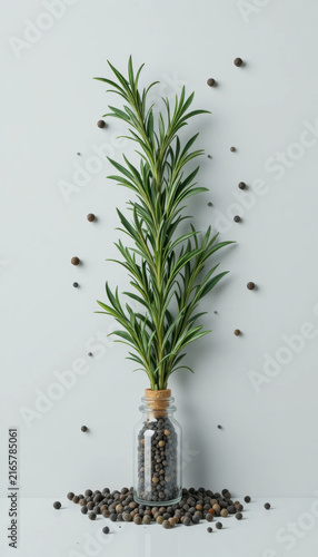 Vibrant green plant stands tall in glass jar filled with dark seeds, surrounded by scattered seeds on light background. composition evokes sense of freshness and natural beauty