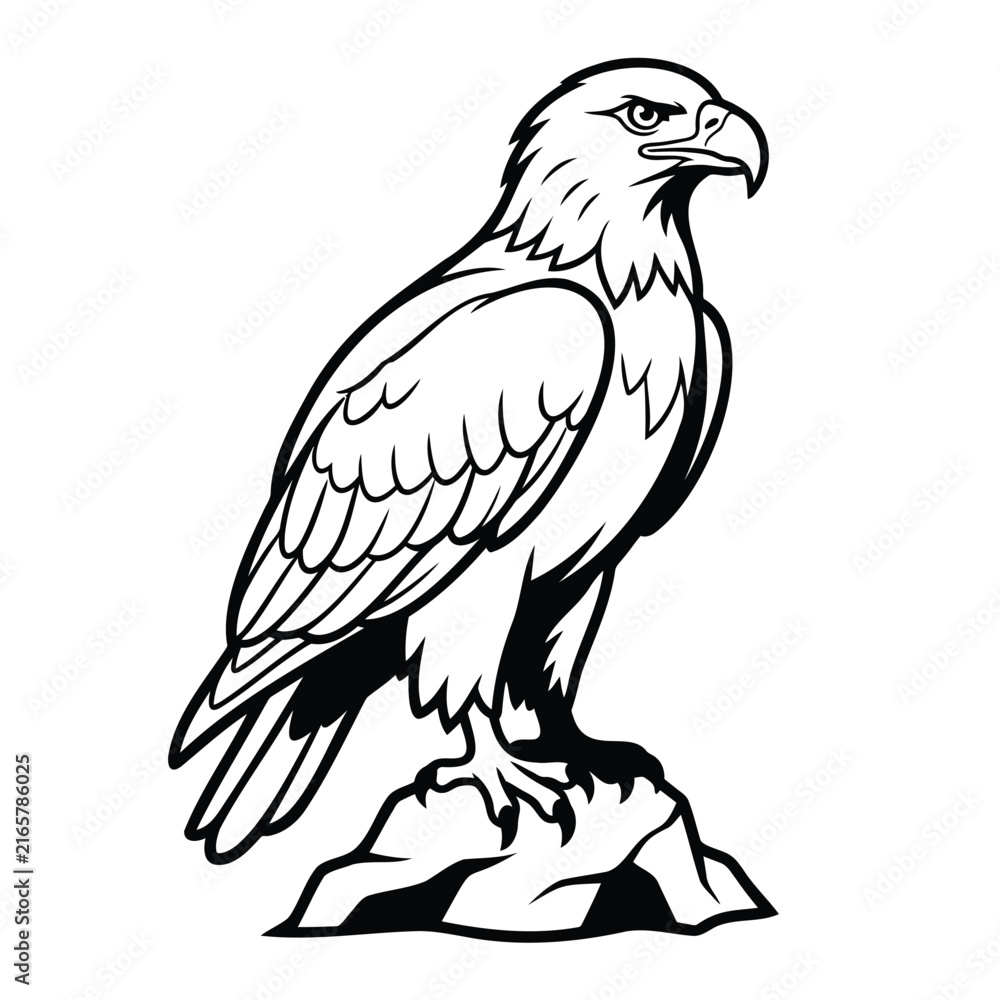 Fototapeta premium Black and white line art illustration of a majestic eagle standing on a stone rock