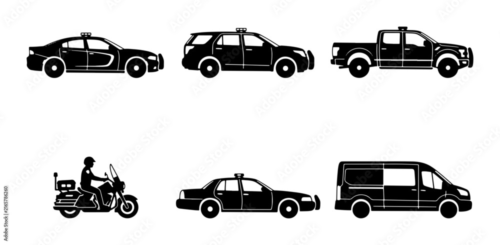 Naklejka premium Black Silhouette Vehicle Icons: Police Car, SUV, Pickup Truck, Motorcycle, Taxi, Van