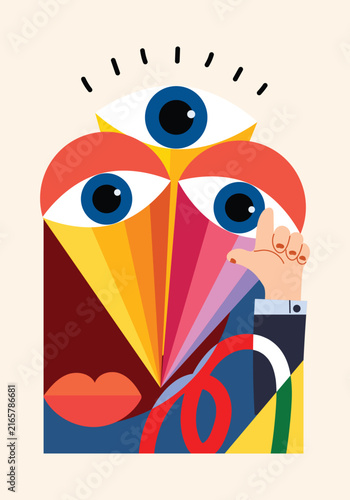 Abstract cubism face portrait, eyes person with colorful doodle art elements handdrawn vector illustration. Aesthetic design for art print, poster, cards, greeting and wallpaper.