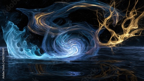 Abstract cosmic dance of swirling blue and gold energy waves in deep space background