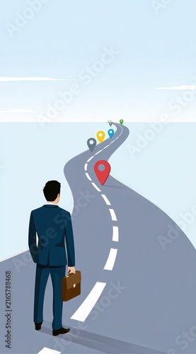 Businessman climbing upward career path with growth arrow and success icons on road