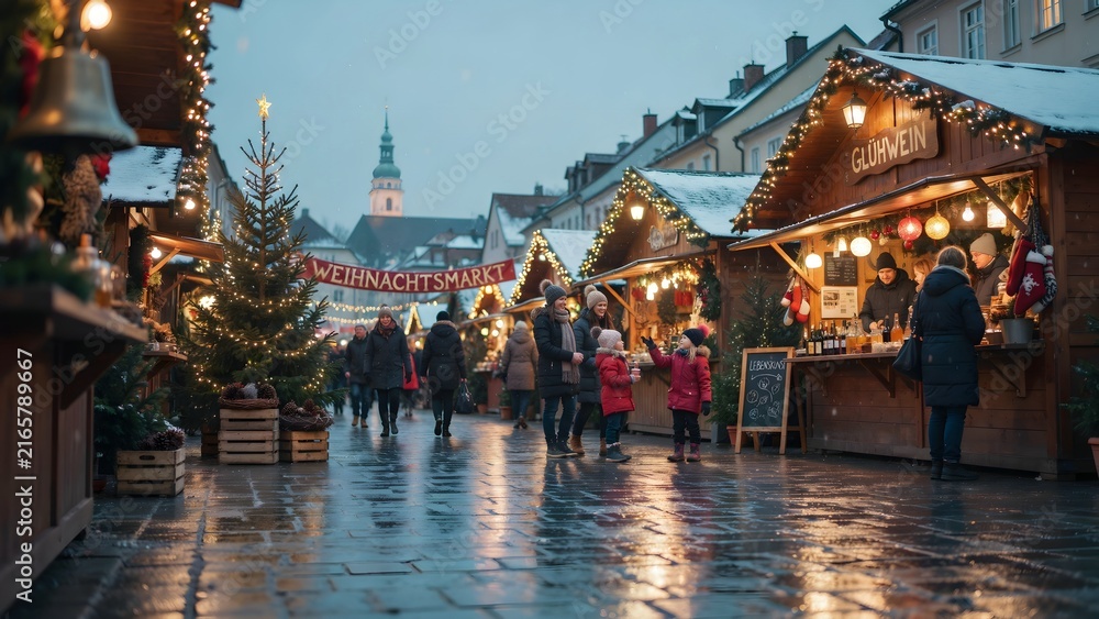 Obraz premium Cozy Christmas Market Scene with Festive Lights and Snowy Atmosphere