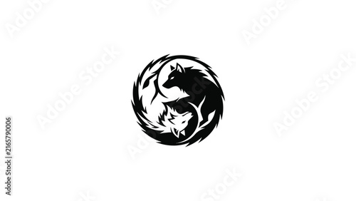 Captivating black and white illustration of two wolves forming a harmonious circular yin-yang design, symbolizing balance, strength, and primal connection in nature