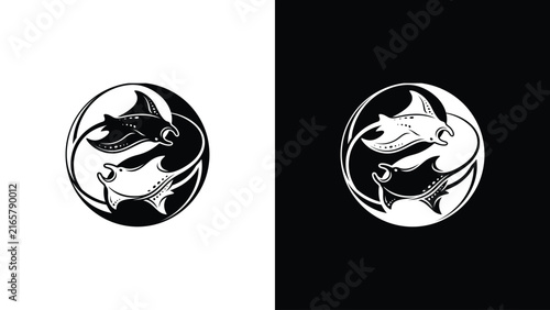 Elegant black and white vector graphic featuring two manta rays gracefully intertwined in a circular, flowing design, symbolizing balance and marine harmony, perfect for ocean-themed branding