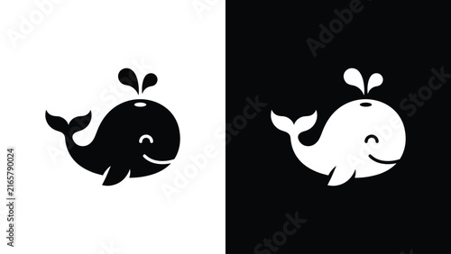 Cute Smiling Whale Vector Illustration Minimalist Animal Logo Design in Black and White