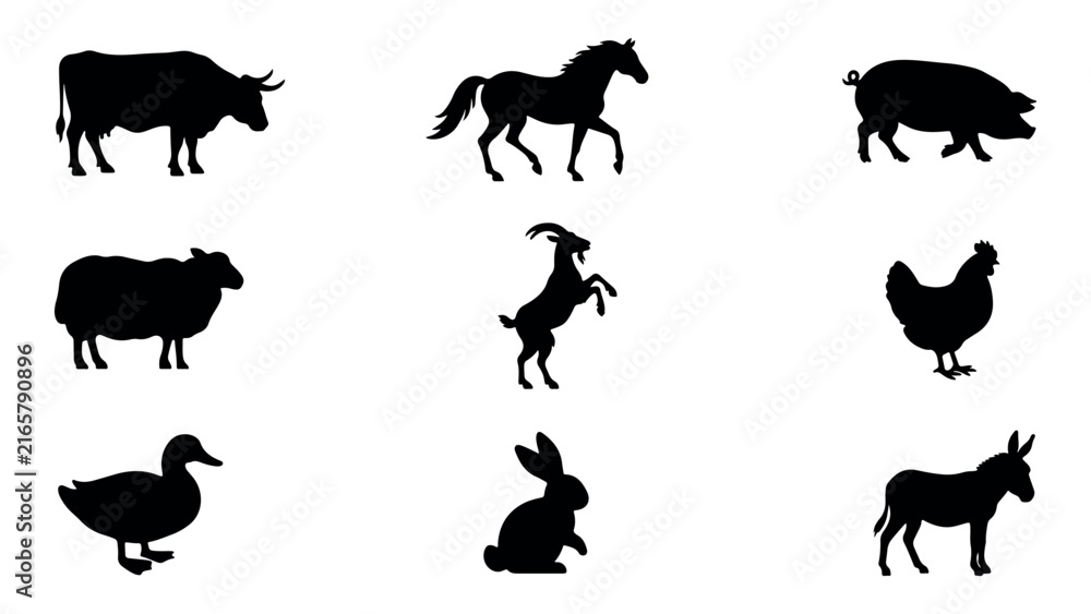 Obraz premium Set of domestic animals silhouette collection on white background.