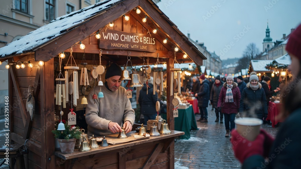 Obraz premium Charming Artisan Market Stall with Handcrafted Wind Chimes and Bells